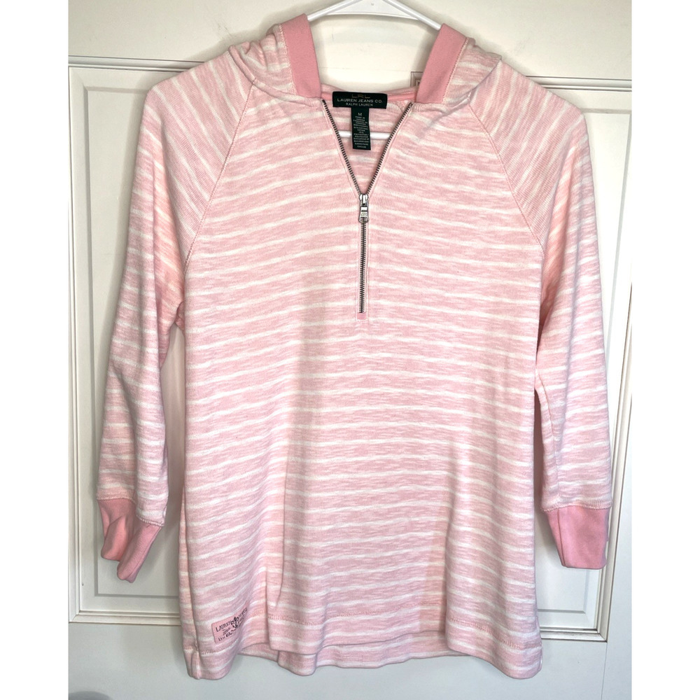 Lauren Ralph Lauren Women's Cotton Hooded Quarter Zip Pullover Sz M Pink Stripe